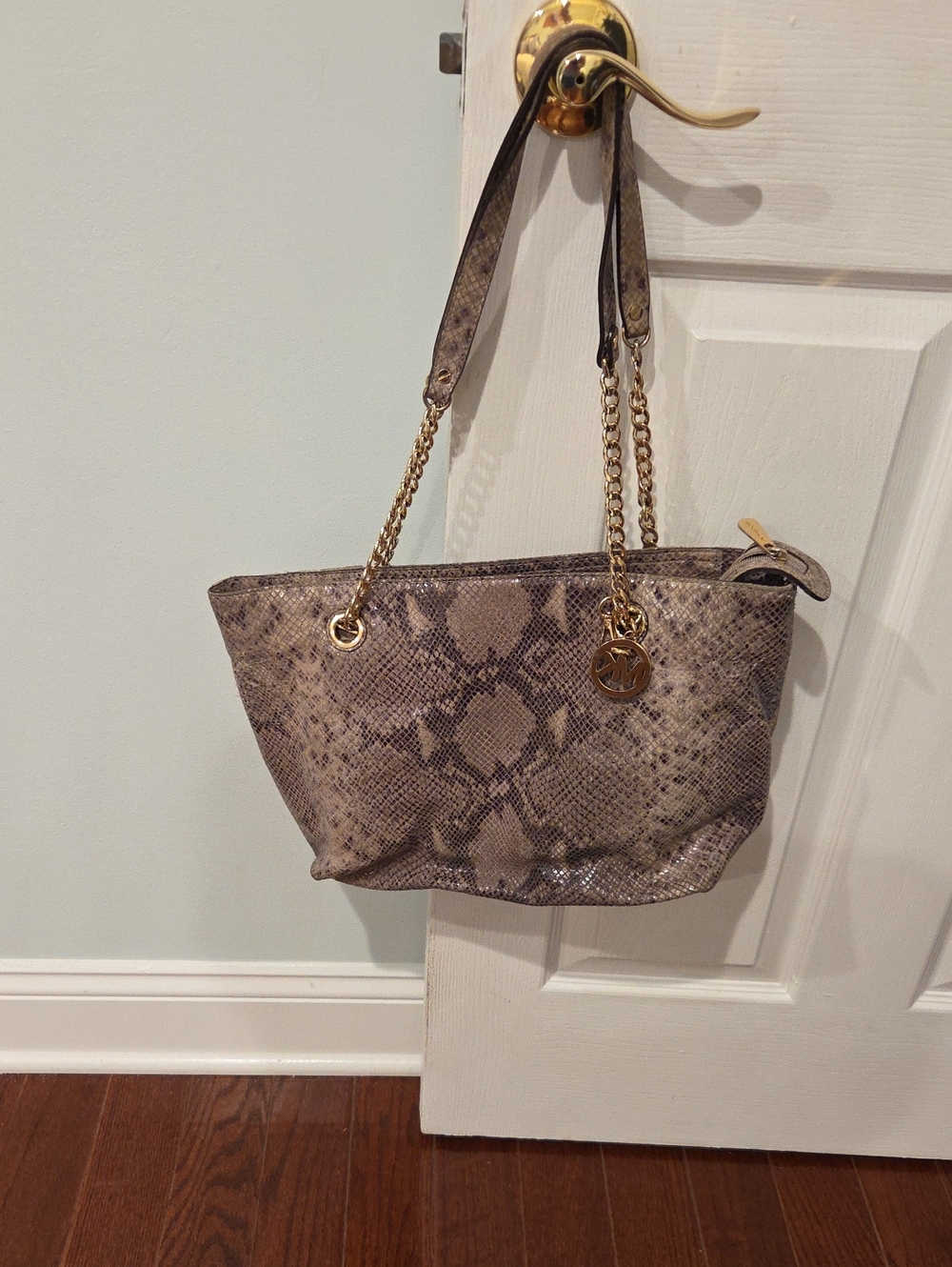 Michael Kors Taupe Snake-Print Shoulder Tote with Gold Hardware